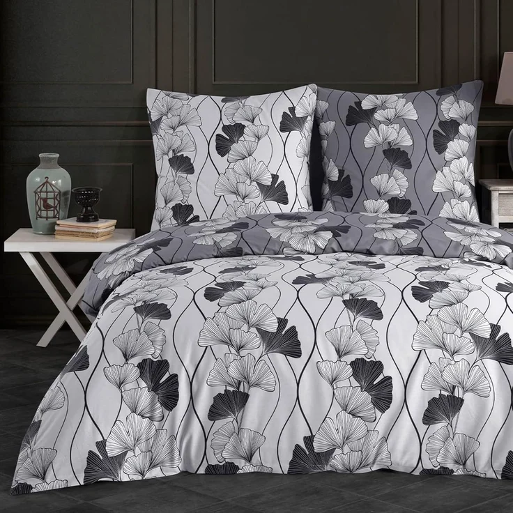 Buymax Bettwäsche Cornelia, Renforce: 100% Baumwolle, 3 teilig, 200x220 cm, mit Reißverschluss, Bettbezug-Set, Blumen, Grau, Schwarz – Bild 1