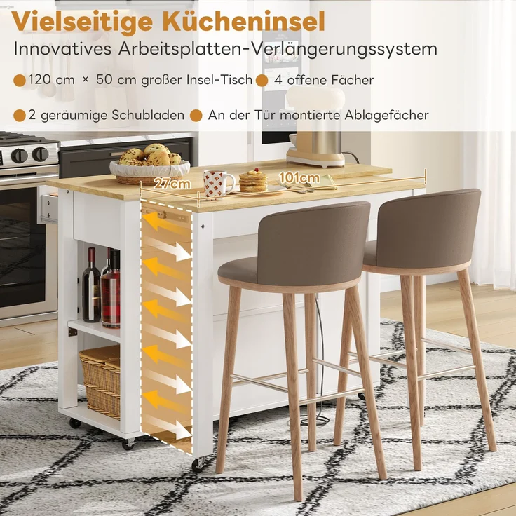 Merax 120 cm Kücheninsel mit Bartheke und Steckdosen, mit 2 Schubladen und 2 Schranktüren mit Türregalen, weiß – Bild 8