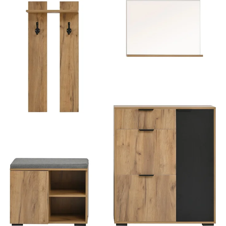 CHICFURN Schrank 140x139x35 cm mit Schuhbank, Spiegel und Haken – Natur/Schwarz – Bild 8
