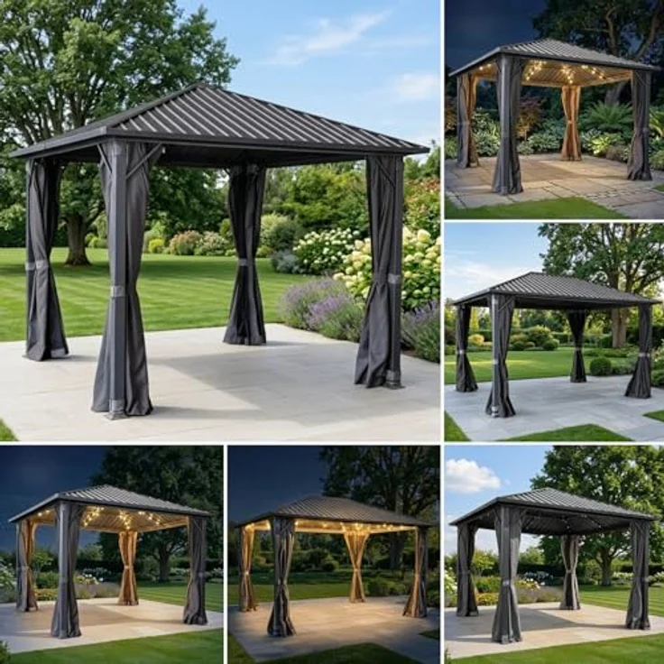 BRAST Pavillon Aluminium Miami 3x3m, Hardtop mit Stahlach, wasserdicht, UV-Schutz, anthrazit, inkl. Moskitonetz und LEDs – Bild 1