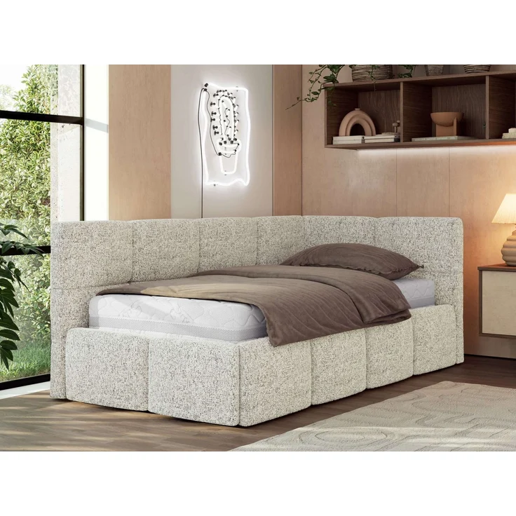 Jugendbett 90x200 ARVO Polsterbett mit Bettkasten, Stauraum & Gasdruckfeder, Modernes Design mit Kopfteil, Pocket Matratze - Beige Strukture - VIRE LUX - Rechts Seite – Bild 1