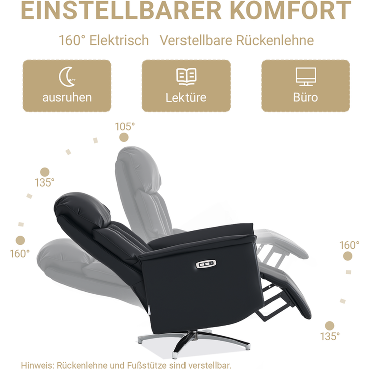 HOME NATURE WOHNKONZEPT Elektrischer Relaxsessel mit USB-Anschluss, elektrisch verstellbarer TV-Sessel mit Liegefunktion, Kunstleder Schwarz, bis 350 kg, FT9202 – Bild 3