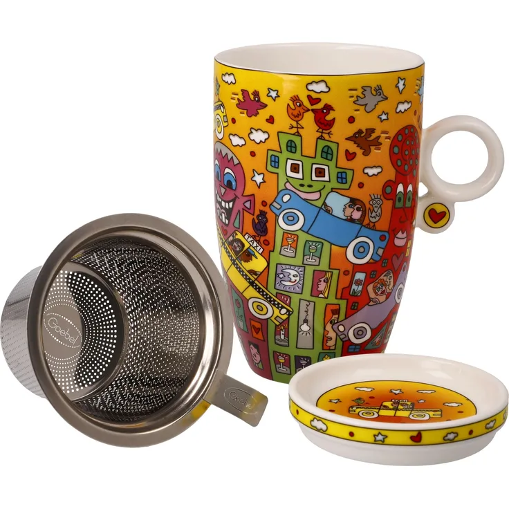 Goebel Teetasse mit Deckel und Sieb James Rizzi - Not Getting Around the Traffic, Pop Art, Fine Bone China, Bunt, 450 ml, 26103161
