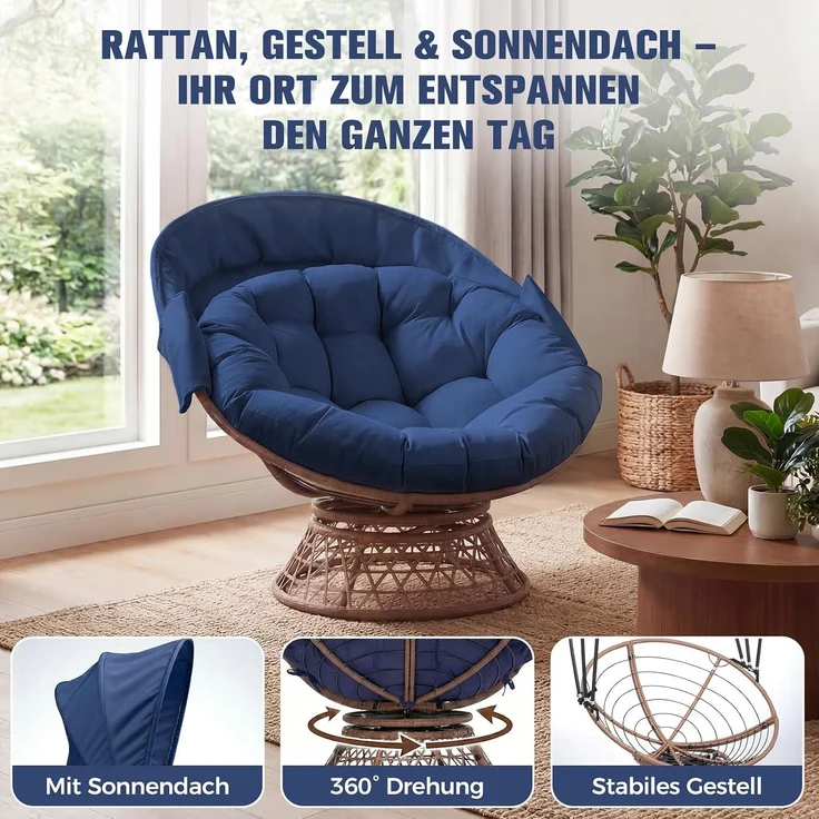 COMHOMA Papasansessel, gemütlicher Drehsessel mit Kissen rund, bequemer Rattansessel, Loungesessel drehbar, runder Relax Korbsessel Rattan für Wohnzimmer, Leseecke, Lounge - BLAU – Bild 7