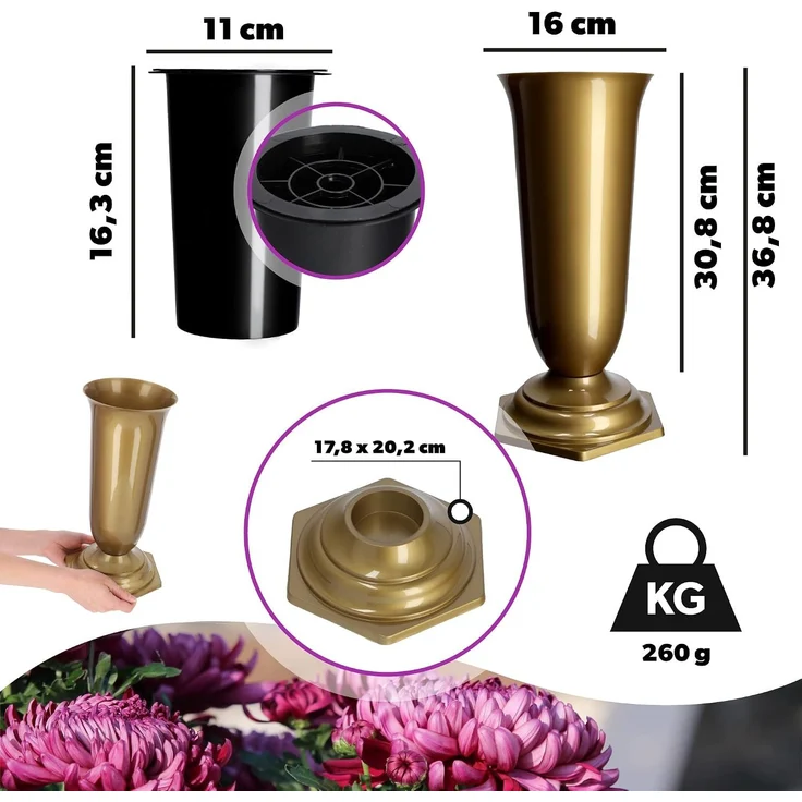 KADAX Vase, Fläschchen, Blumen, Grabstein, Friedhof, Grabstein-Einsatz, Sockel, Gold, 37 cm – Bild 3