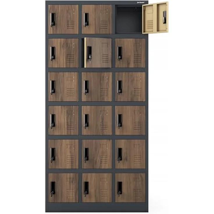 Jan Nowak Umkleideschrank 3B6A Fächerschrank Schließfachschrank mit 18 Fächern Metall Pulverbeschichtung 185 cm x 90 cm x 40 cm (Anthrazit-Holz) – Bild 4