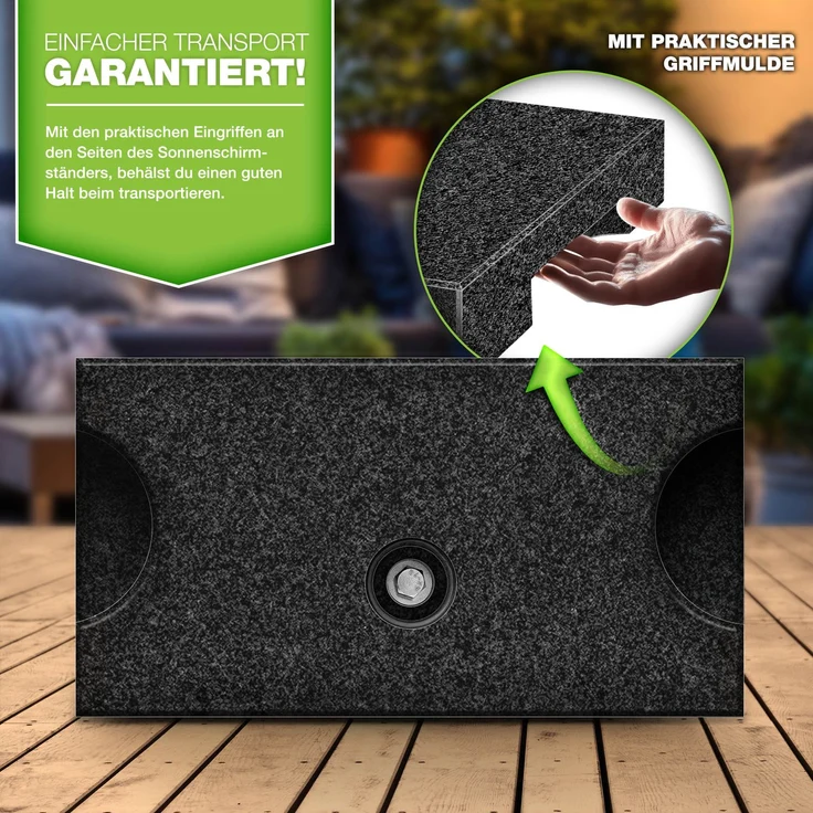 tillvex® Granit Sonnenschirmständer mit Transportgriff Anthrazit - 27 kg Rechteckig | Schirmständer Sonnenschirm mit Edelstahlrohr | Balkonschirmständer für Schirmstöcke 16-48 mm & 300 cm Schirmdurchmesser – Bild 4