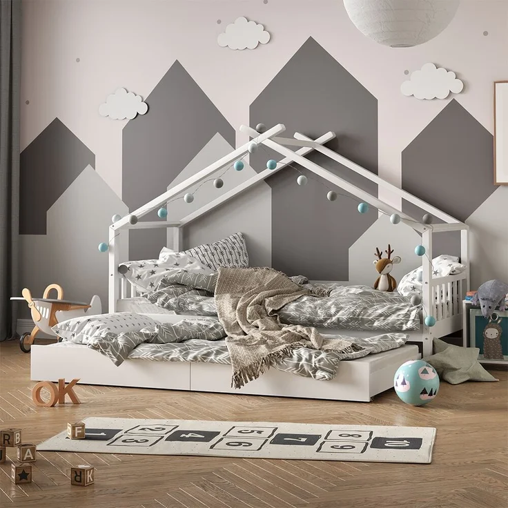 Hausbett Design Weiß 90x200 cm mit Gästebett und 2 Matratzen Vitalispa – Bild 4