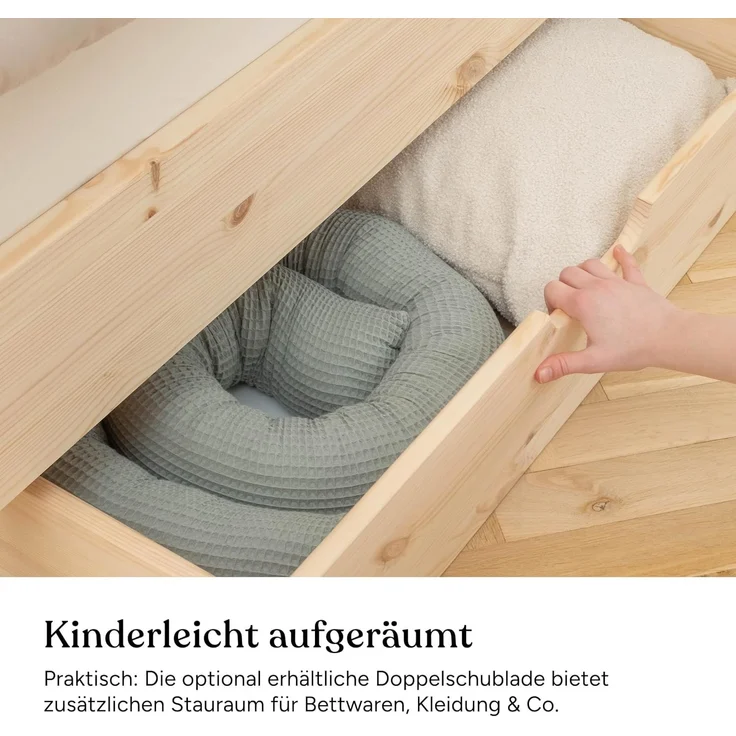 Ehrenkind Holzbett Plano, Modulares Familienbett, FSC® Zertifiziert (Familienbett, 270x200 cm, Kiefernholz naturbelassen, 2‑in‑1 Höhe (Bodenbett oder Standard), Modular und Höhenverstellbar – Bild 7