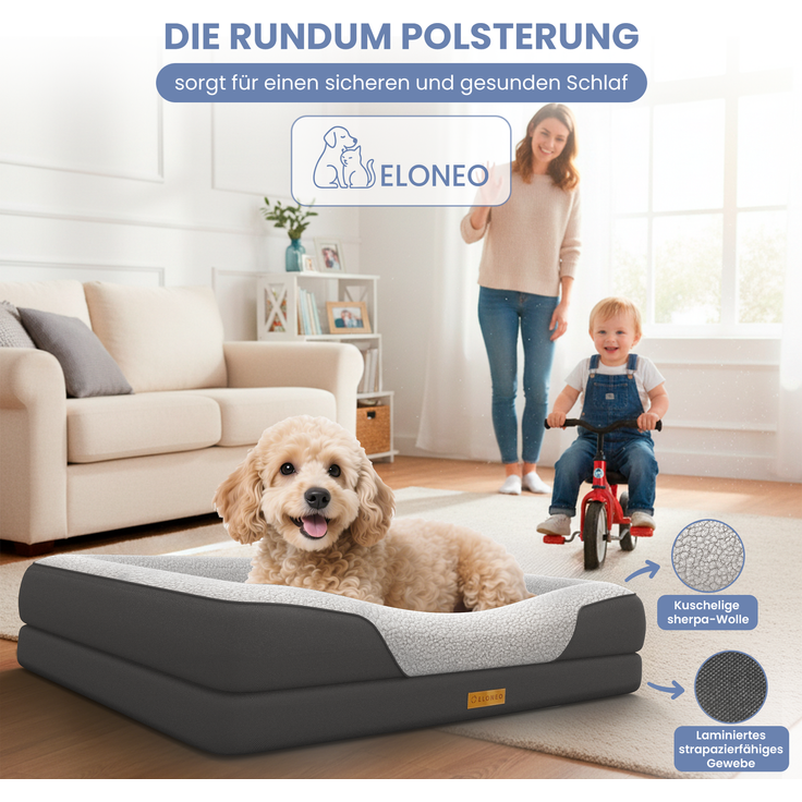 ELONEO Hundebett ELONEO - Orthopädisches Premium Hundebett, gelenkschonend, waschbar, Aus kuscheligem Sherpa-Fleece und strapazierfähigem Sofastoff – Bild 3