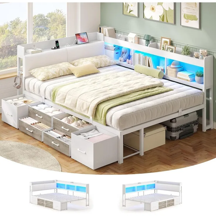 MSMASK Daybett Tagesbett Schlafsofa mit LED-Beleuchtung & Ladestation, Jugendbett mit 6 Staufächern und 6 Schubladen – Liegefläche 140x190 cm