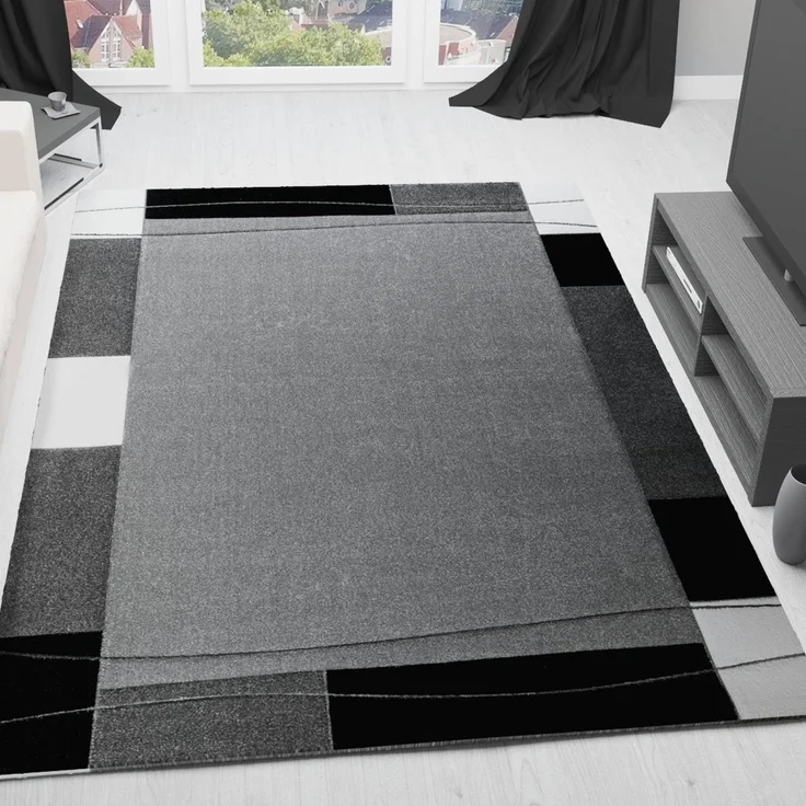 Vimoda Teppich Teppichwohnzimmer Grau Klassiker Kurzflor dicht gewebt, Rechteckig, Höhe: 13 mm, Teppich mit Bordürenmotiv grau weiß schwarz und Konturenschnitt – Bild 1