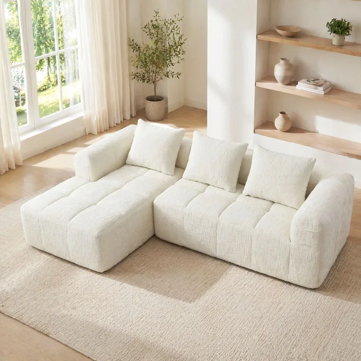 DESVIAE Sofa 3-Sitzer mit Chaiselongue und Seitentaschen, 250x60x158 cm, Chenille, Beige