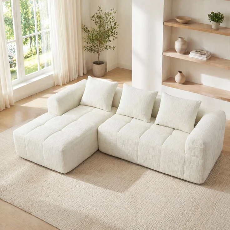 DESVIAE Sofa 3-Sitzer mit Chaiselongue und Seitentaschen, 250x60x158 cm, Chenille, Beige – Bild 1