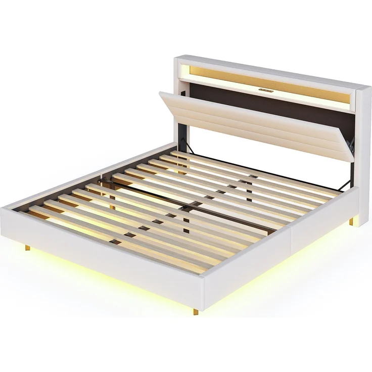 Polsterbett 160x200 cm mit USB-Steckdose und LED-Licht, wendbares Kopfteil, verdecktes Fußteil, Doppelflachbett, Jugendbett, Erwachsenenbett, Leinenstoff Beige – Bild 10