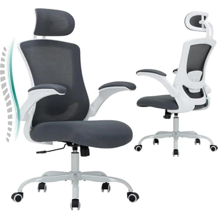 COLAMY Bürostuhl Ergonomisch, Netz-Schreibtischstuhl mit Verstellbarer Kopfstütze, Chefsessel Office Chair mit Lendenwirbelstütze, Verstellbarer Neigungsverschluss Drehstuhl, Grau – Bild 2