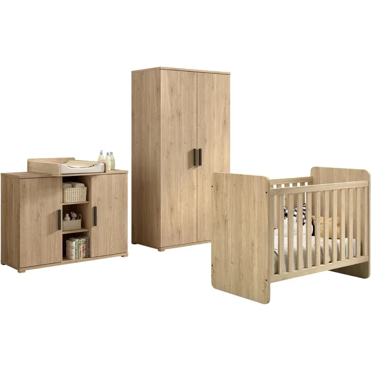 SAM Artikel-Set 4-tlg. best aus, Kommode inkl. Wickelaufsatz, Baby-Bett, Kleiderschrank 2-trg, Ausf. Eiche Melamin Dekor