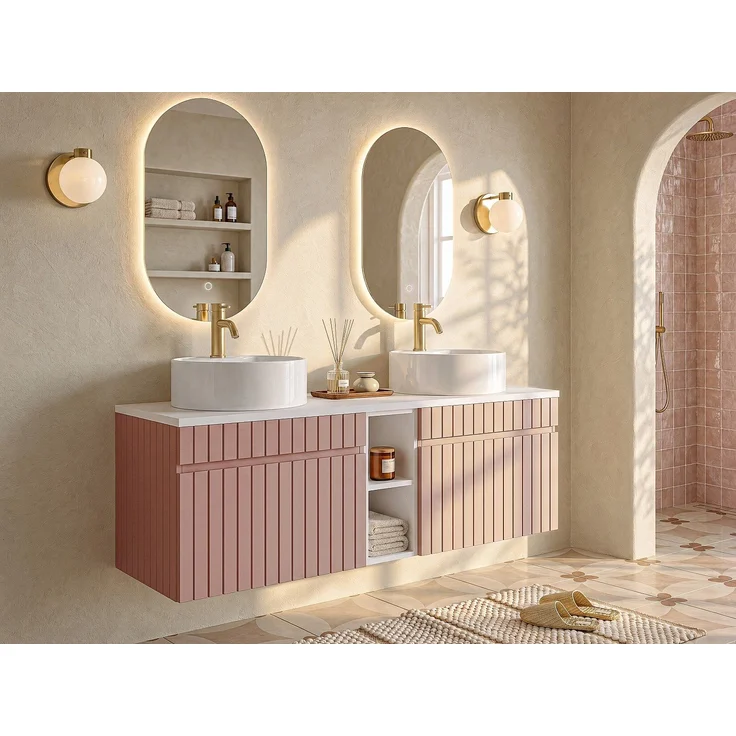 Vente-unique - Hängender Badezimmer-Unterschrank gerillt mit Fächern und Doppel-Aufsatz-Waschbecken rund – Rosa – B140 cm – SATARA – Bild 2