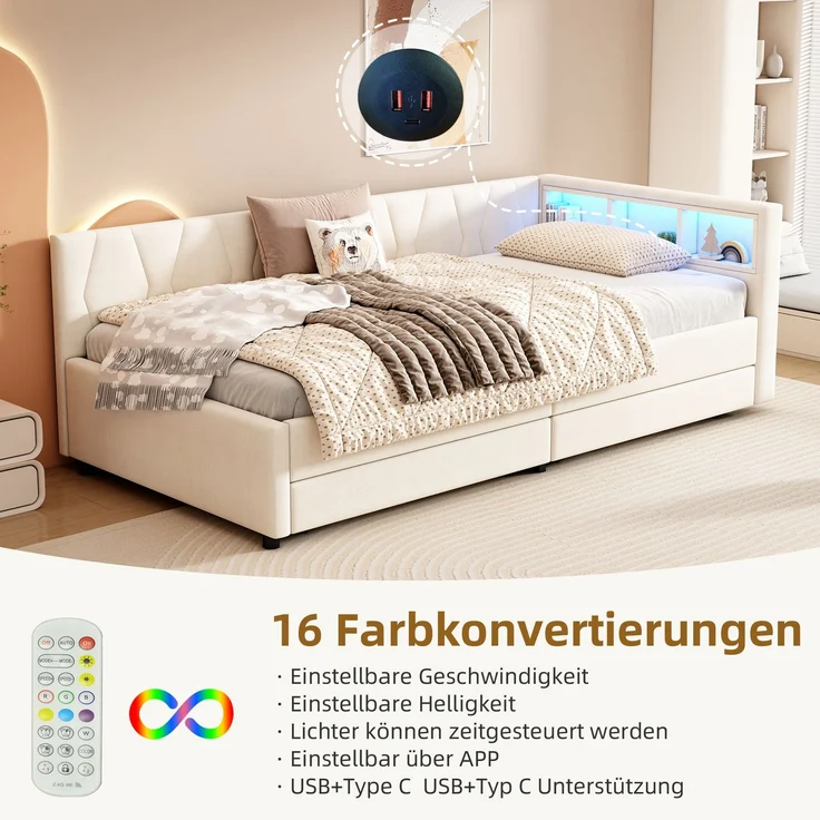 Merax Daybett, 90*200cm, Tagesbett, Schlafsofa, Ablagefach am Bett, USB+Typ C, Fernbedienung für LED-Umgebungslicht, Bett mit zwei Schubladen, Bett mit Lattenrost (ohne Matratze), Leinen, Beige – Bild 5