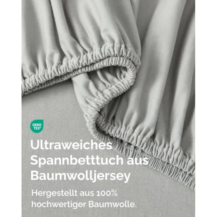 Spannbettlaken Jersey 140x200 - Baumwolle Boxspringbett 40cm - Hellgrau | Spannbetttuch, Rundumgummi, Dehnbar, Weich, Atmungsaktiv, Knitterfrei, Pflegeleicht, Baumwoll-Jersey, Bis 40cm, OEKO-TEX – Bild 2