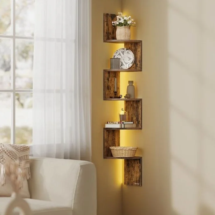 VASAGLE Eckregal mit LED-Beleuchtung, Wandregal 5 Ebenen, Schweberegal für Bücher, Bücherregal, Pflanzenregal für Schlafzimmer, Wohnzimmer, Badezimmer, Homeoffice, vintagebraun LBC630K01 – Bild 1