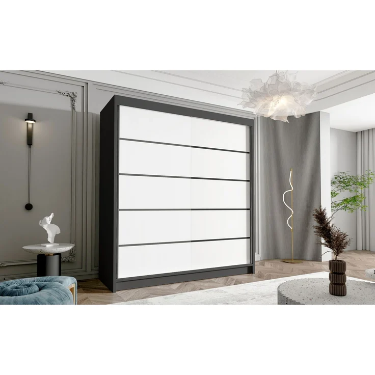 Kleiderschrank Harry IV 180 cm - Groß Schwebetürenschrank, Schiebetürenschrank mit Kleiderstange und Einlegeboden, Schlafzimmerschrank, Schiebetüren - 180x215x58 cm (Schwarz/Weiß) – Bild 2