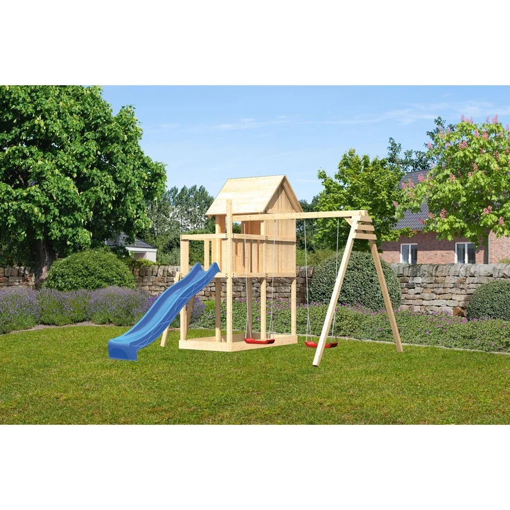 Karibu Kinderspielhaus Frieda Set Aktion2 naturbelassen mit Anbau, Doppelschaukel und Rutsche blau – Bild 6