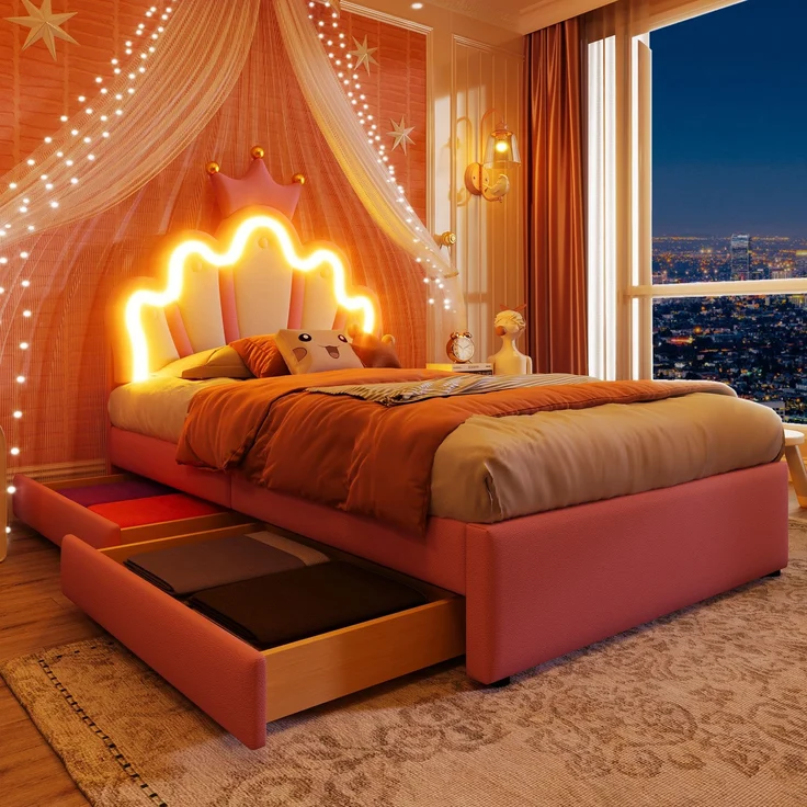 EINHOM Polsterbett, 90 x 200 cm, Ferngesteuertes Ambientelicht, Bett mit 2 Schubladen, Prinzessinnenbett in Kronenform, Verstellbares Kopfteil, PU, Rosa, (Ohne Matratze) – Bild 3