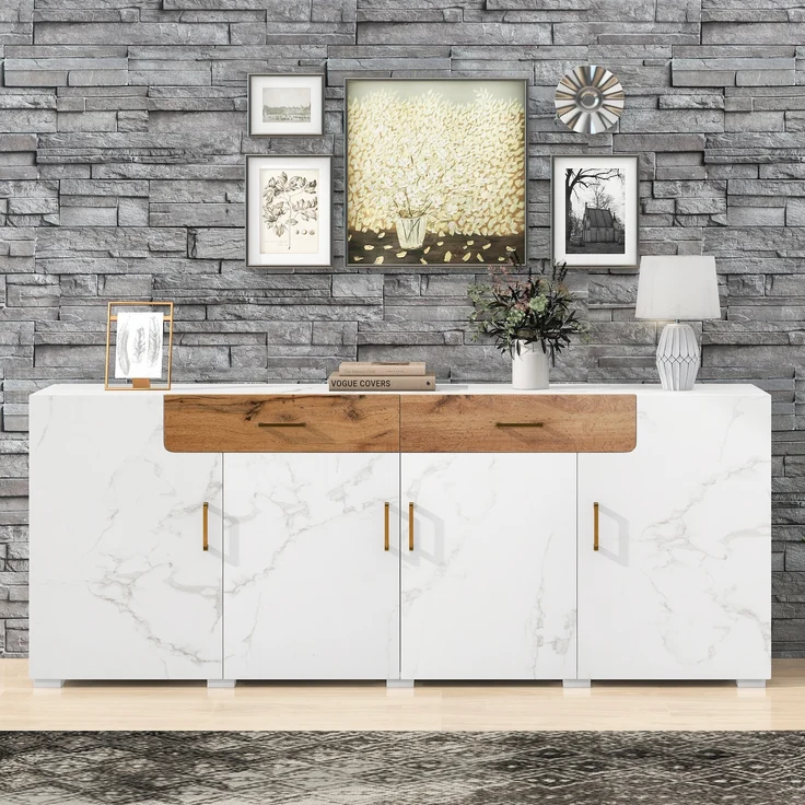 Sideboard, mit 4 Türen, 2 Schubladen & 8 Holzfüßen, 208x39,5x80 cm, Weiß/Braun – Bild 3