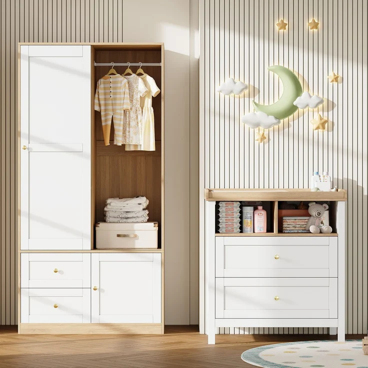 CHICFURN Kleiderschrank-Wickeltisch-Set mit Schiebetüren, Schubladen und abnehmbarem Schutzgitter Natur+Weiß 90x50x180 cm – Bild 1