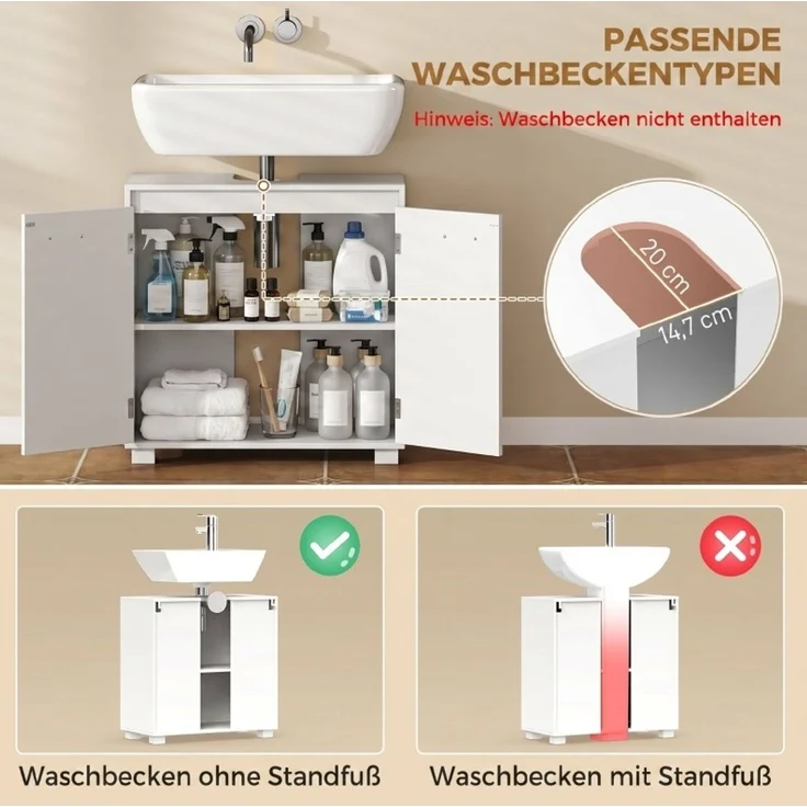 Waschbeckenunterschrank 60 x 30 x 60 cm in Weiß mit verstellbarem Regal und U-Ausschnitt – Bild 4