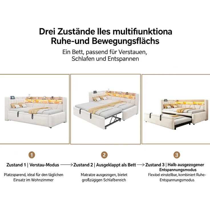 Ausziehbett mit Samtbezug, USB-Anschluss & LED, 90x200 cm, Beige, ohne Matratze – Bild 6