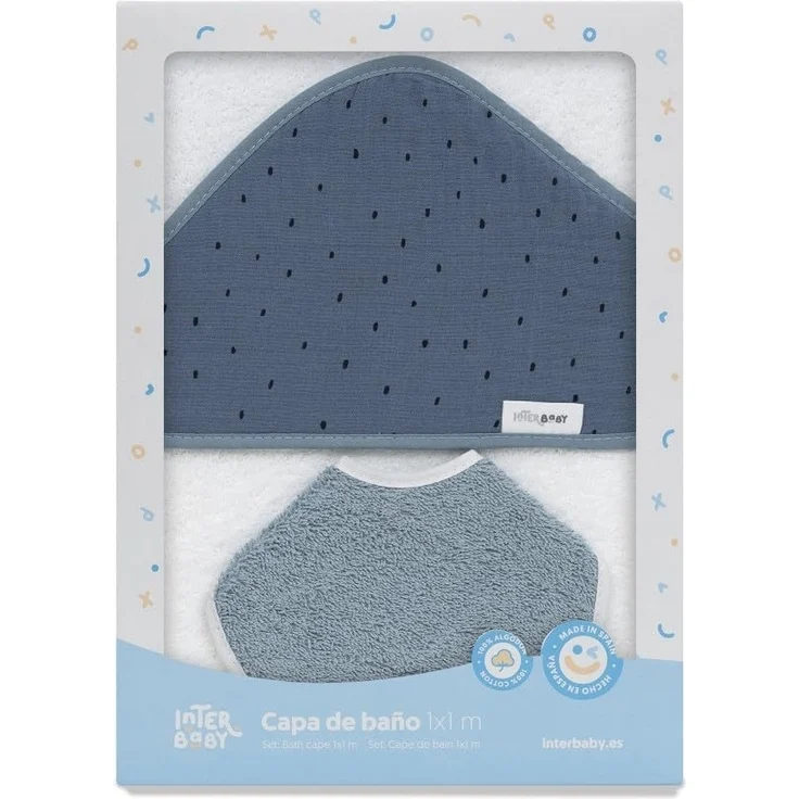Baby BadePoncho 1x1 m Bademantel Kapuzenbademantel MUSSELIN "Puntos weiß petroleum" für Neugeborene · 100% Baumwolle & Runder Lätzchen 20x20 cm · INTERBABY – Bild 1