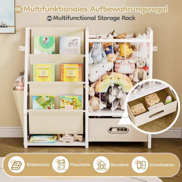 Yorbay Spielzeugtruhe 2 in 1 Bücherregal Kinderregal, Kinderzimmerregal mit Aufbewahrungsbox & Taschen, 84x30x76cm – Bild 5
