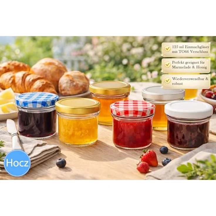 hocz 50x Marmeladengläser 125 ml | mit Deckel Schwarz Kariert TO 66 | Einmachgläser mit Schraubdeckel zum befüllen | Sturzgläser Marmelade Schraubgläser | leere Gläser Set | 50 Stück – Bild 3