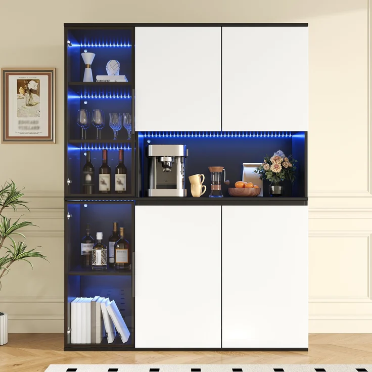 Hochschrank, Vitrine, Highboard, Anrichte, Schwarz-Weiß Optik, Glaselemente, integrierte LED-Leuchten, MDF-Korpus, geräumiger Stauraum, Esszimmerschrank, Wohnzimmerschrank--Schwarz, Weiß--120x40x160cm--YOUDENOVA – Bild 10