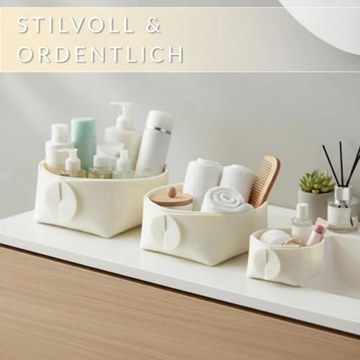Libaro Badorganizer Aufbewahrungsbox stapelbar Ordnungsboxen Aufbewahrungskorb Stoff beige (3er-Set), Aufbewahrung Deko Ordnungsboxen Aufbewahrungskorb Filz – Bild 3