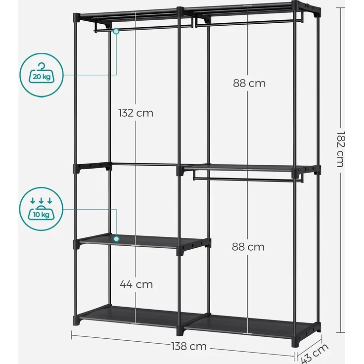Songmics Kleiderschrank offen, Stahl, Kunststoff, Schwarz, 43 x 138 x 182 cm – Bild 4