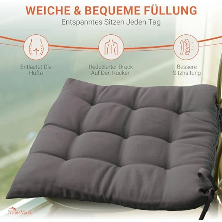NatureMark 4er Set Stuhlkissen mit Bändern Gr. 40x40 cm Sitzkissen gefüllt, Anthrazit grau – Bild 6