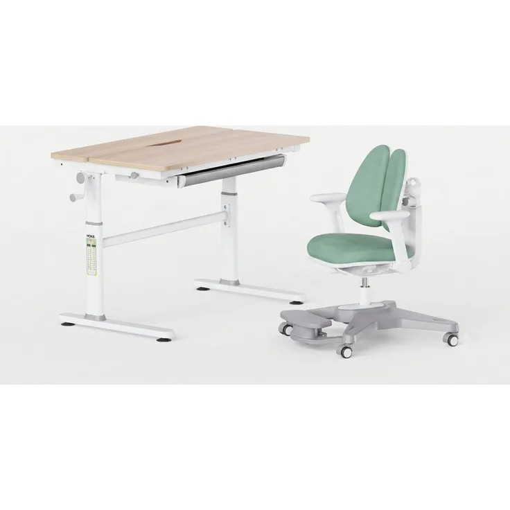 HOKO Kinderschreibtisch höhenverstellbar für Kinder ab 6 Jahren (Tisch-Stuhl-Set, Schreibtisch mit neigbarer Tischplatte & Kinderstuhl mit Fußstütze, 100x40 cm neigbar Tischplatte), 100x60 cm Arbeitsfläche,Holzoptik-Grün, LUKA & ANTON