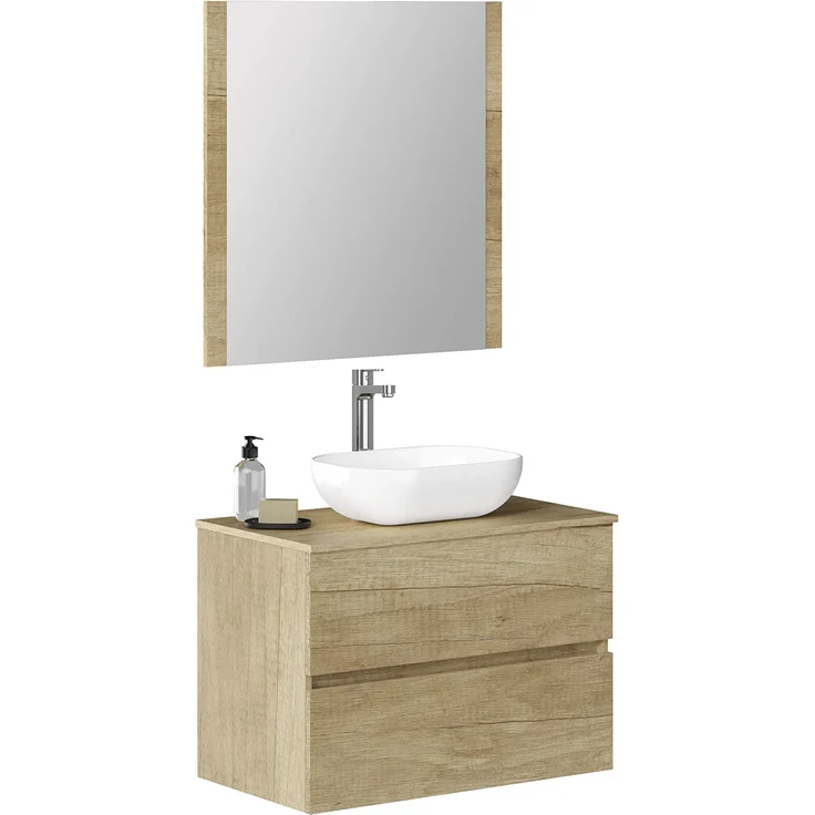 Baikal Onyx Badezimmerschrank, 2 Schubladen, Wandmontage, mit Keramikwaschbecken, montiert, Melamin 16, Möbel F46 + Top + Waschbecken + Spiegel 70 cm Natur – Bild 1