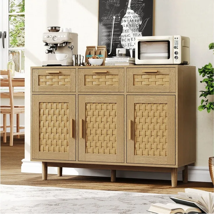 Furnishings Home Sideboard Kommode Anrichte Stauraummöbel Breite 107cm (1 St, Rattan-Schranktüren, mit 3 Schubladen 3 Türen), Für ein gemütliches Ambiente in Wohn- oder Essbereich