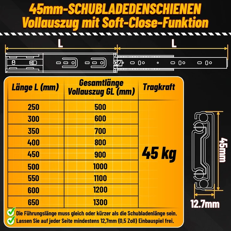 Eikuavons 4 Paar Schubladenschienen 500 mm Vollauszug, 3-teilig, Softclose mit Selbsteinzug, 45 kg Tragkraft, Schubladenauszug aus Stahl, kaltgewalzter Stahl, Silber – Bild 2