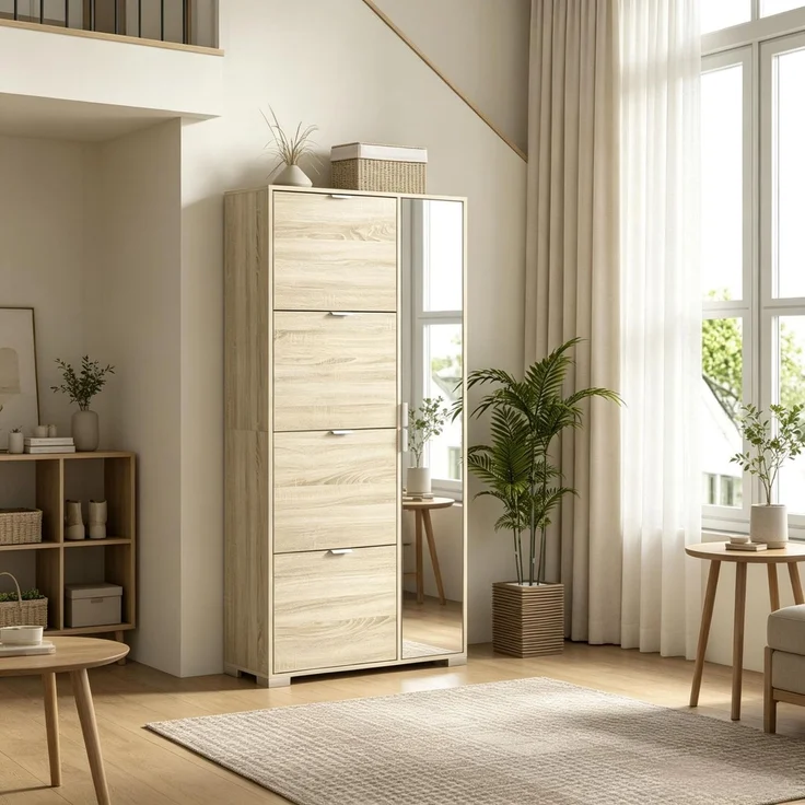Schuhschrank mit 4 Klapptüren, 2 Schränken und Spiegelfronten für 16 Paar Schuhe, Eingangsmöbel--Eiche--82x30x168cm--YOUDENOVA – Bild 2