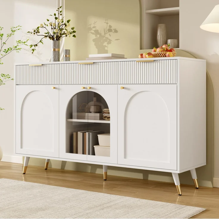 DESVIAE Sideboard Weiß aus MDF/Spanplatte – 140x85,5x40 cm – 4 Türen, 3 Schubladen – Bild 9