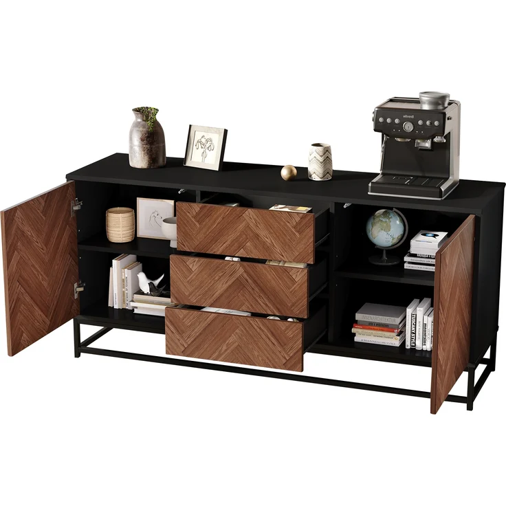 Sideboard Metallgestell mit 3 Schubladen & 2 Schranktüren 145x40x67 cm Eiche+Schwarz – Bild 8