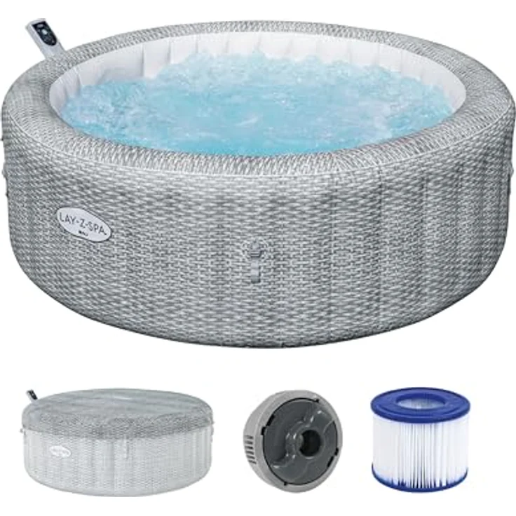Bestway LAY-Z-SPA Energiespar-Whirlpool Bali AirJet mit App-Steuerung, integrierter UltraFit-Pumpeneinheit, für 6 Personen, 196 x 71 cm, Rattan-Optik (Lichtgrau) – Bild 1
