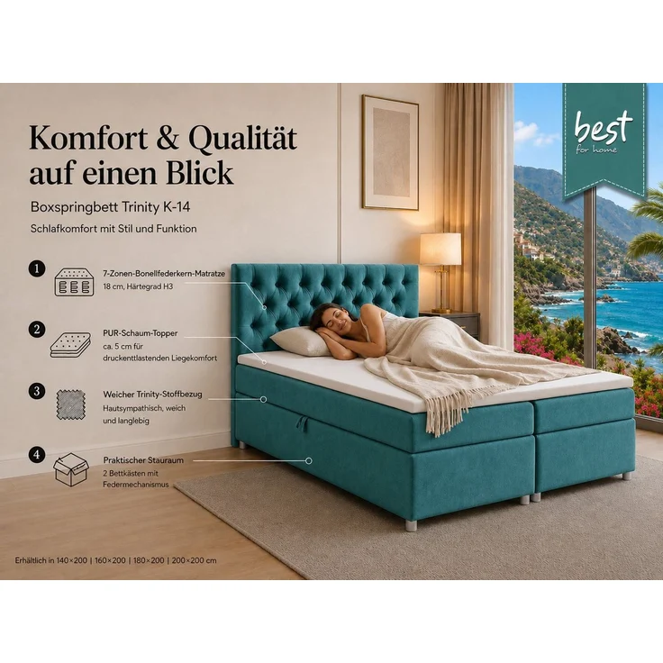 Best for Home Boxspringbett Trinity K-14 mit 7-Zonen-Matratze und Stauraum (Boxspringbett-Set, 1-St, Boxspringbett-Set inklusive Matratze, Topper und Bettkästen), 7-Zonen-Matratze, PUR-Schaum-Topper, gepolstertes Kopfteil – Bild 3