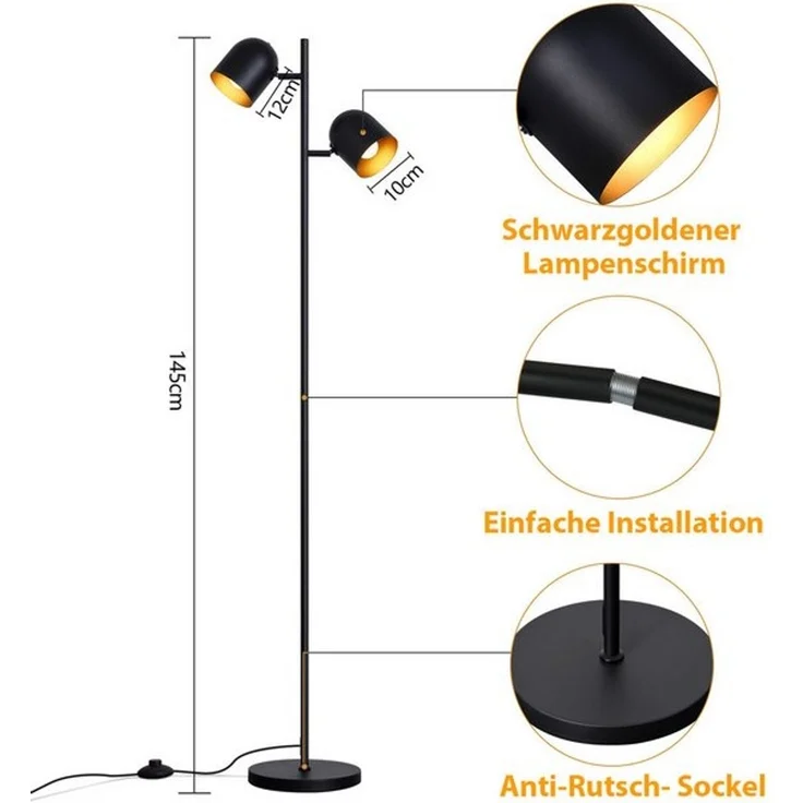 Nettlife Stehlampe Wohnzimmer Schwarz Metall Industrielle Retro Leselampe 2 E14 Fassungen, 350° schwenkbar, ohne Leuchtmittel, Stehleuchte Leselampe Retro für Schlafzimmer Wohnzimmer – Bild 4