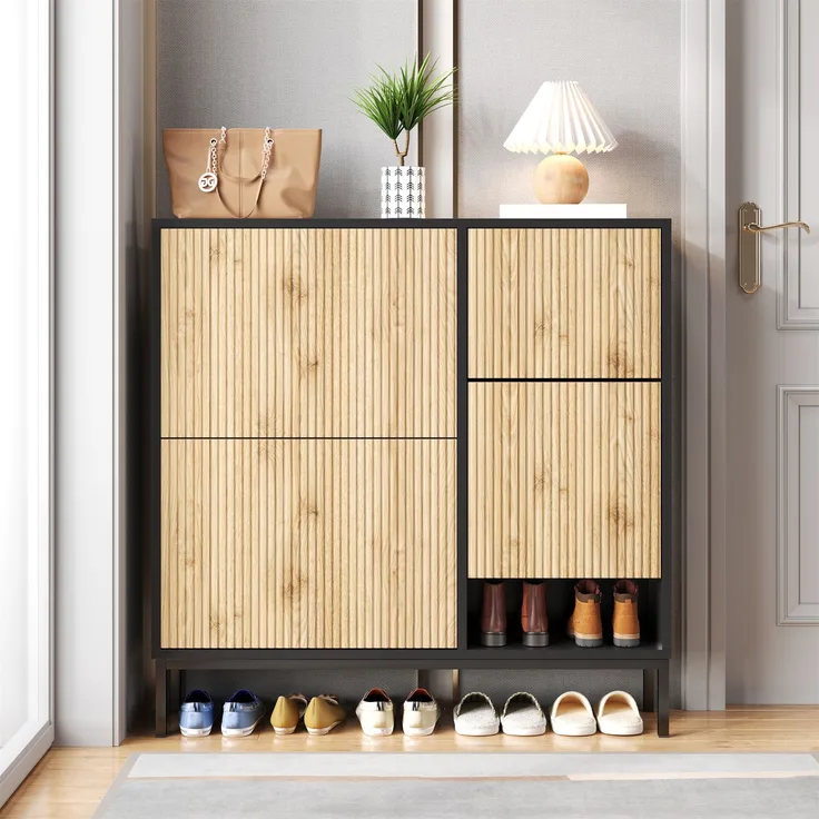 Schuhschrank aus MDF mit ausziehbarer Sitzbank & Klappen, 100x25x100 cm, Schwarz/Natur